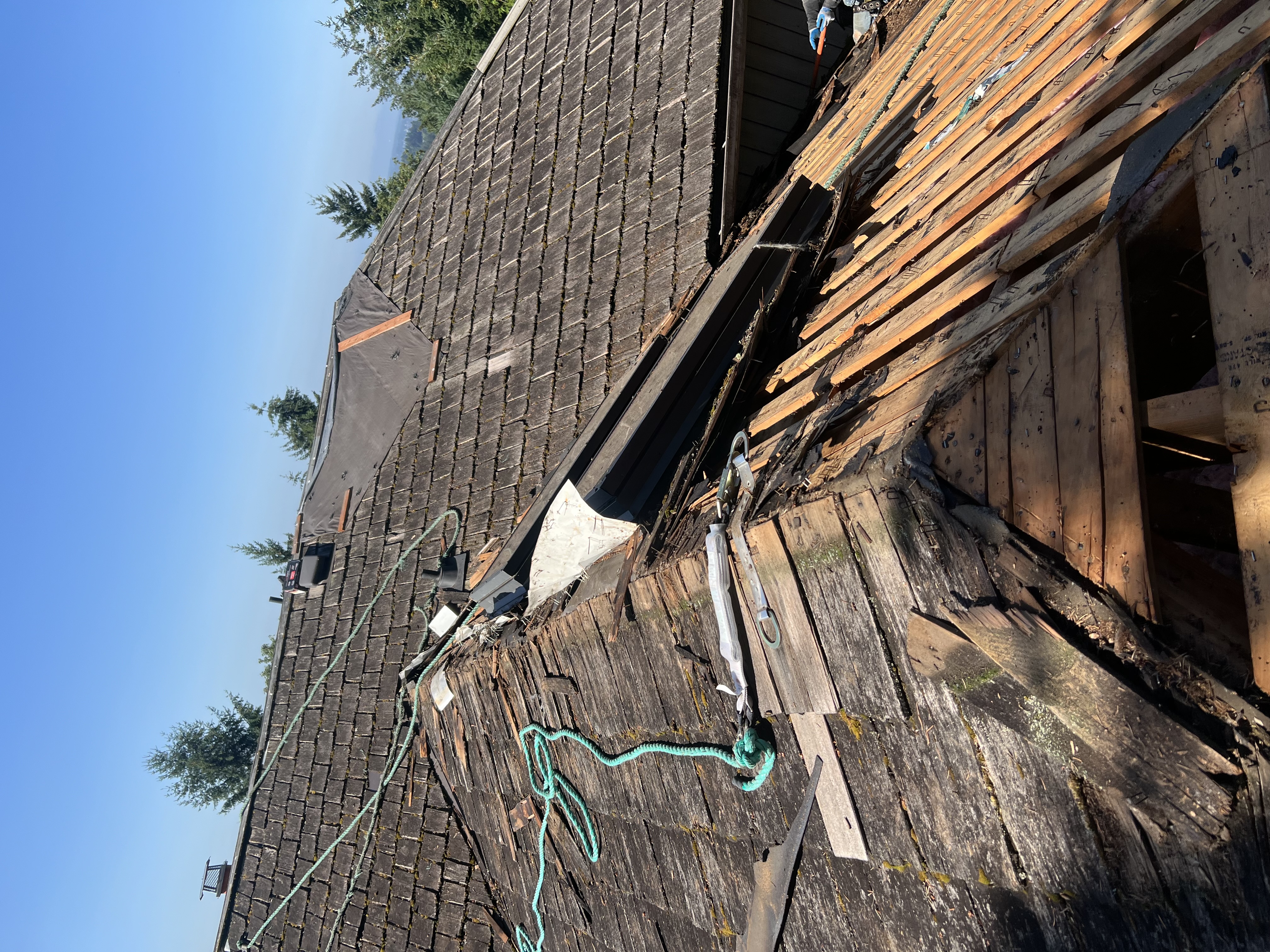 Before — severely deteriorated cedar shake roof
