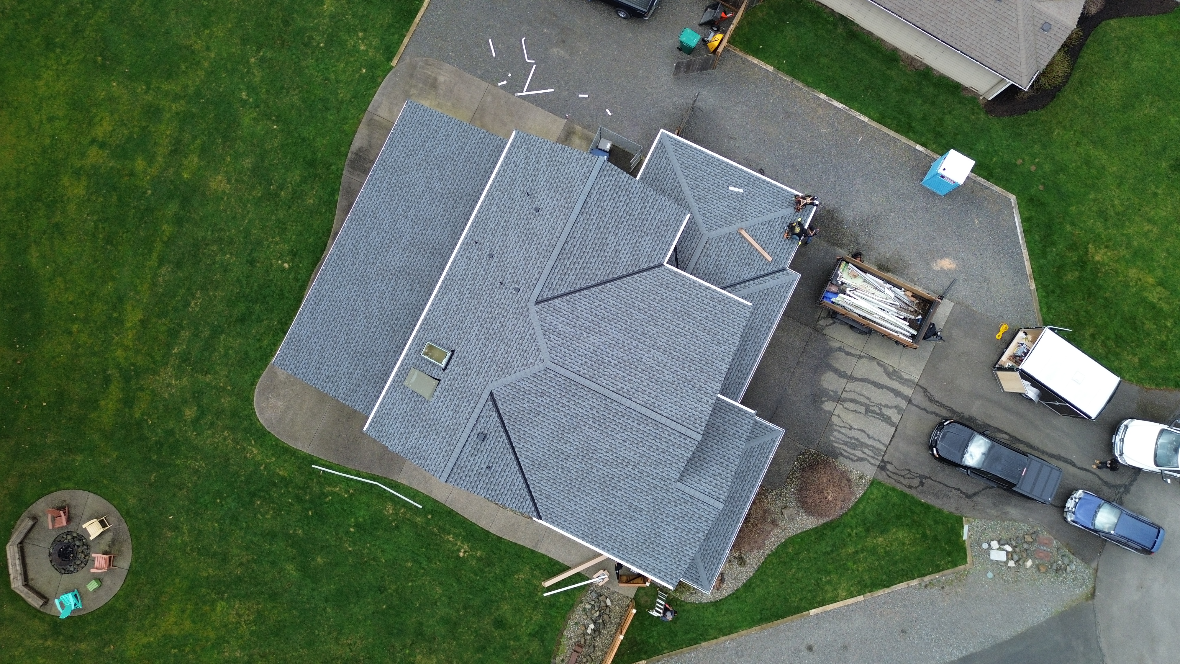 Completed shingle roof — aerial view